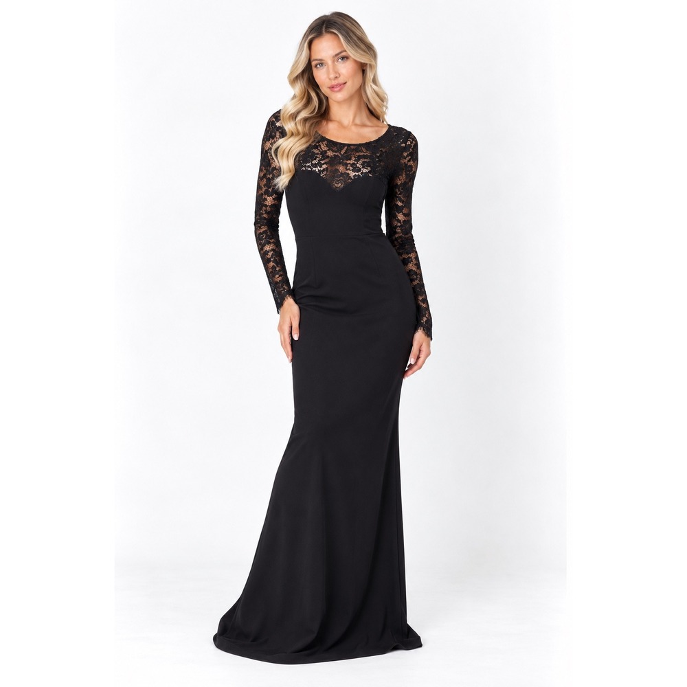 Lulus Maxi Dress Women XL Black Excellent Lace Long Sleeve Keyhole Back Gown